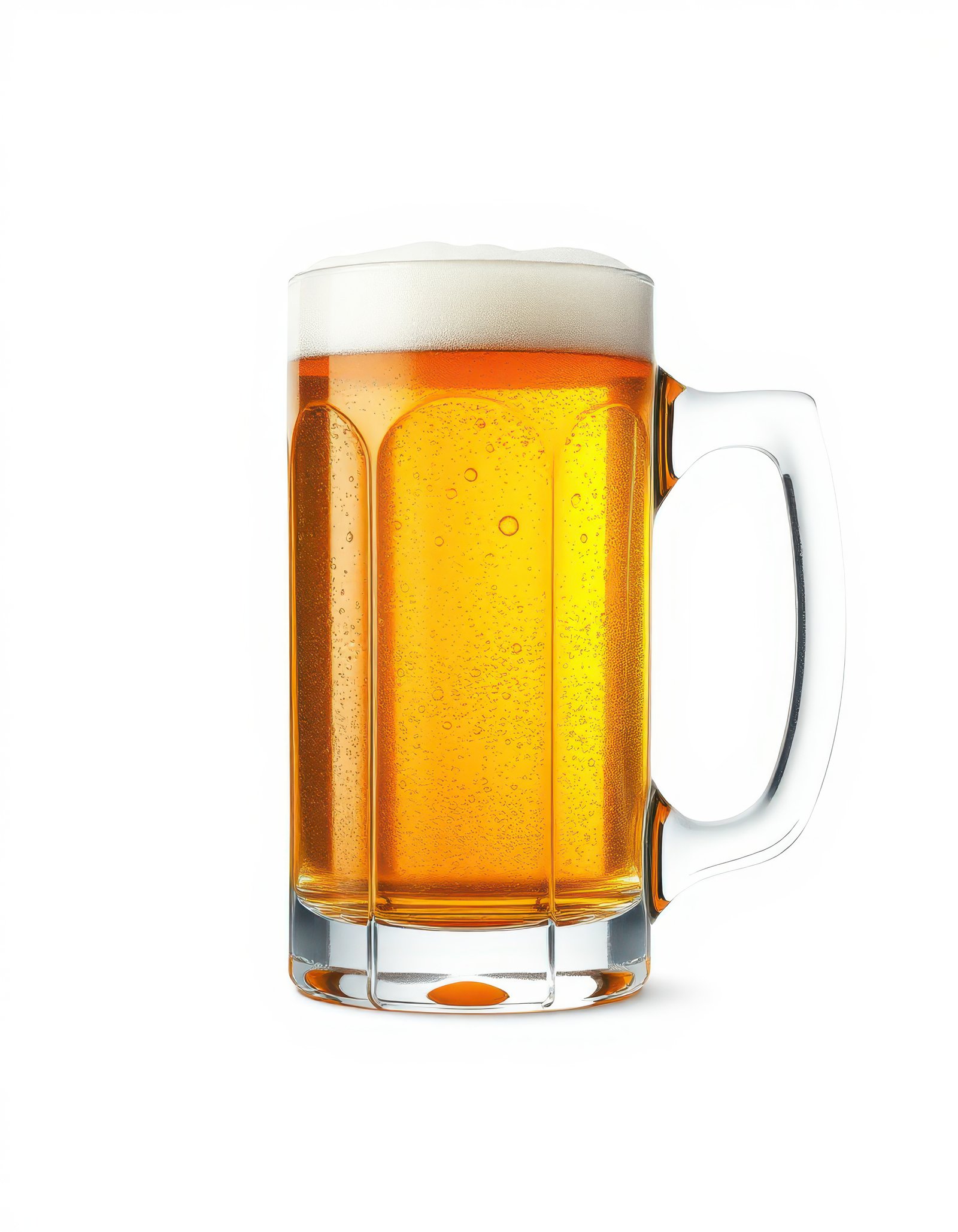 A full glass beer mug, filled with a golden-colored beer and a layer of white foam